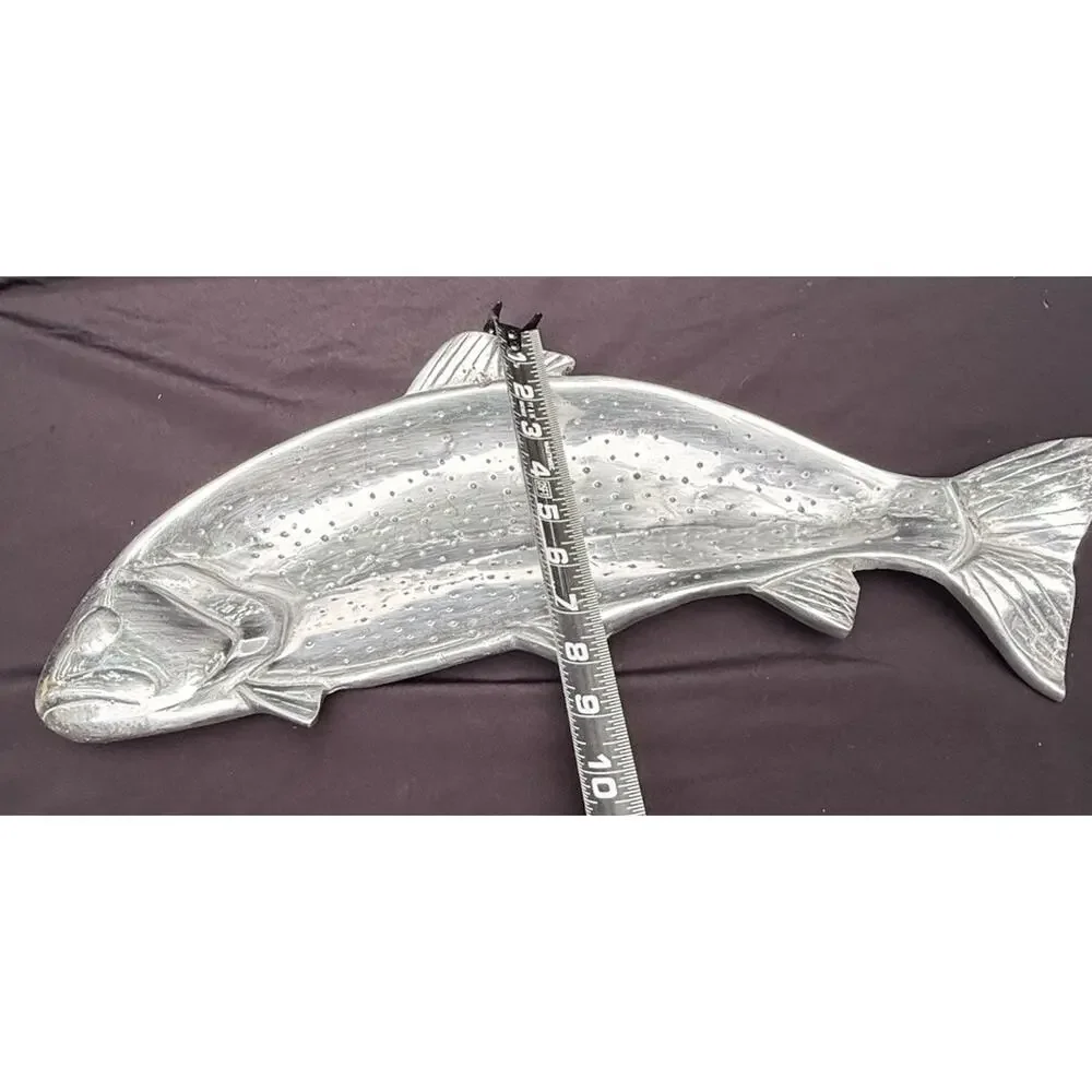 Vintage Cast Aluminum Silver Rainbow Trout Fish Shaped Serving Bowl Platter 21